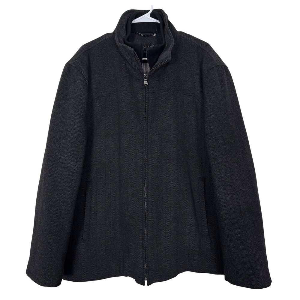 Calvin Klein Wool Blend Lined Double Zip Us Charcoal Herringbone Jacket Men's XL